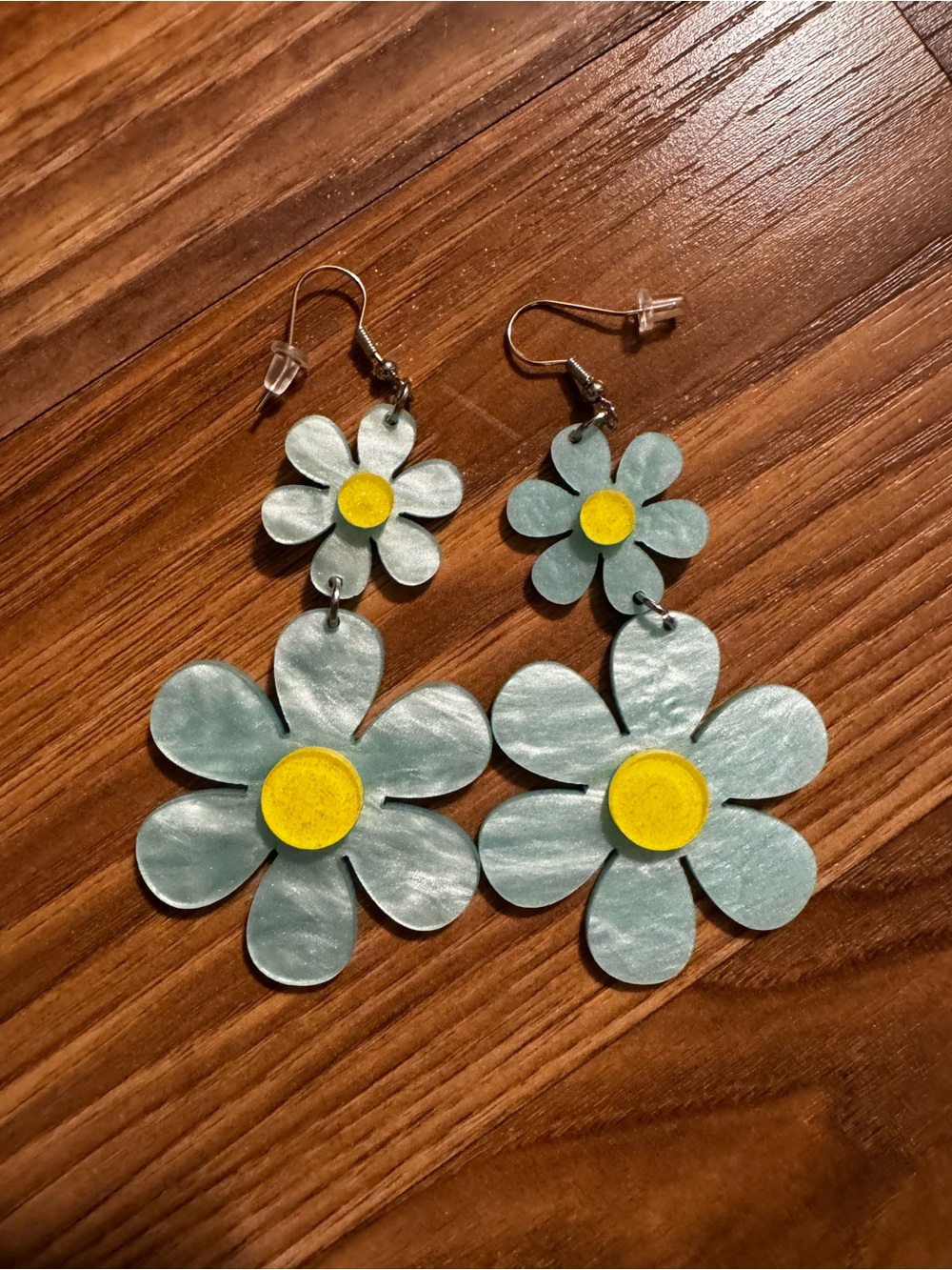 Pastel Blue Daisy Drop Earrings with Yellow Center - Women Accessories